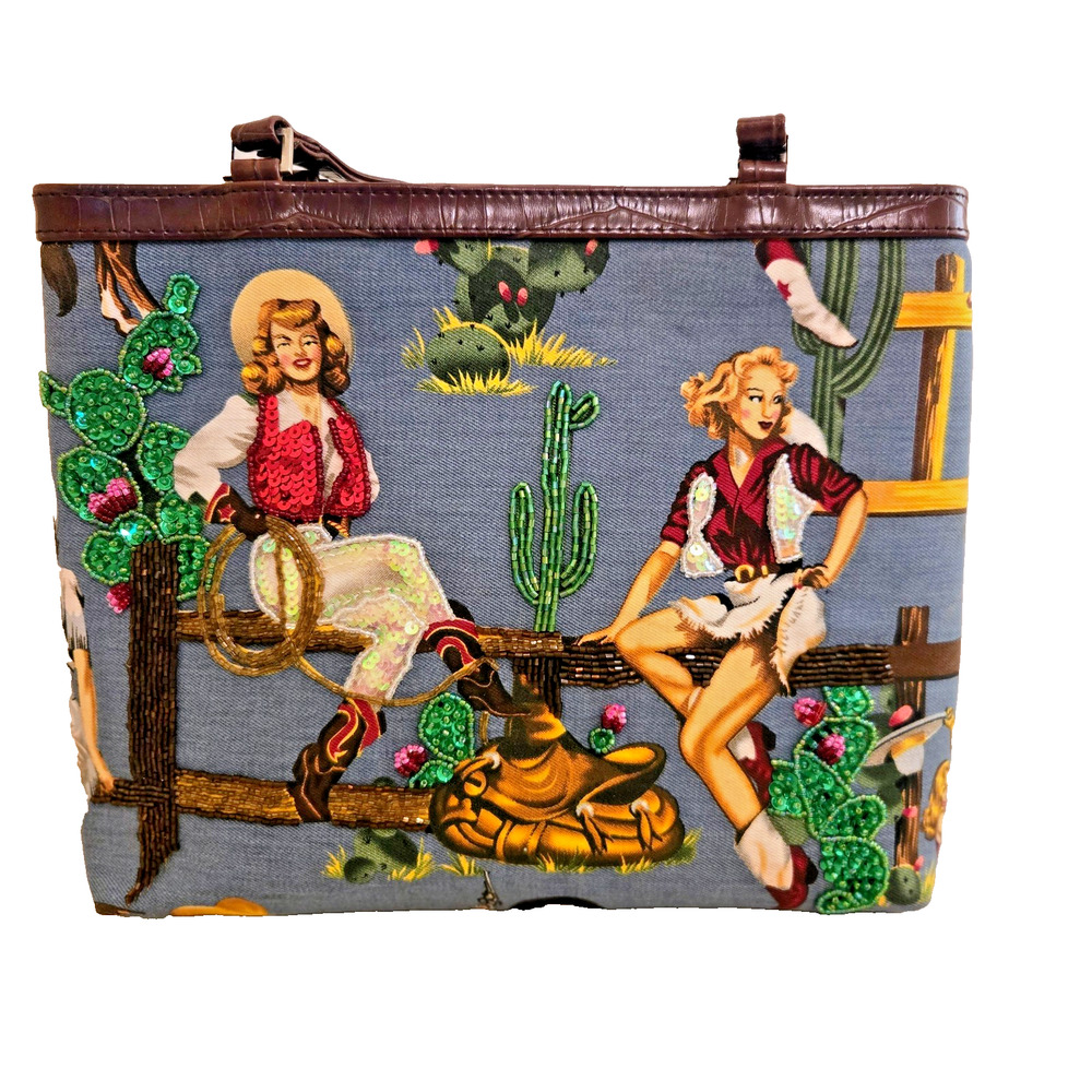 NWT Pin Up Sequined Western Cowgirl Beaded Blue Jean Purse Handbag Bag 80s